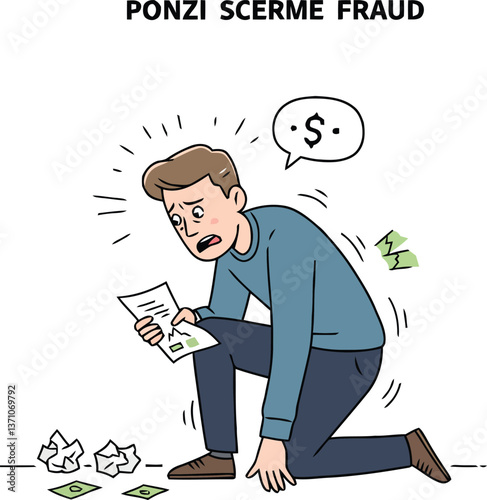  Vector Ponzi Scheme Victim, Sad Man with Financial Loss Illustration.