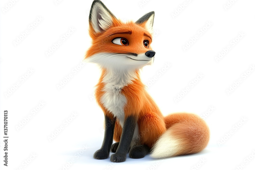 Obraz premium Cartoon Fox Sitting and Smiling Isolated on White Background Looking Away