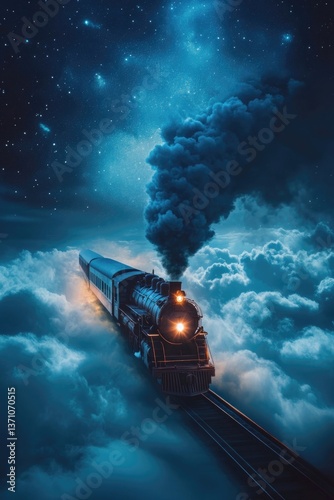 A train travels through the night sky with a moonlit background
