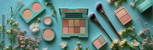 Discover Makeup Essentials Arranged Beautifully With Flowers on a Vibrant Tea...