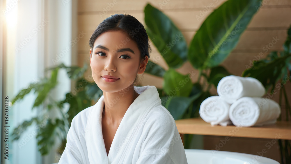 Asian beauty enjoying a wellness retreat with natural elements. Asian beauty enjoying a wellness retreat with natural elements.