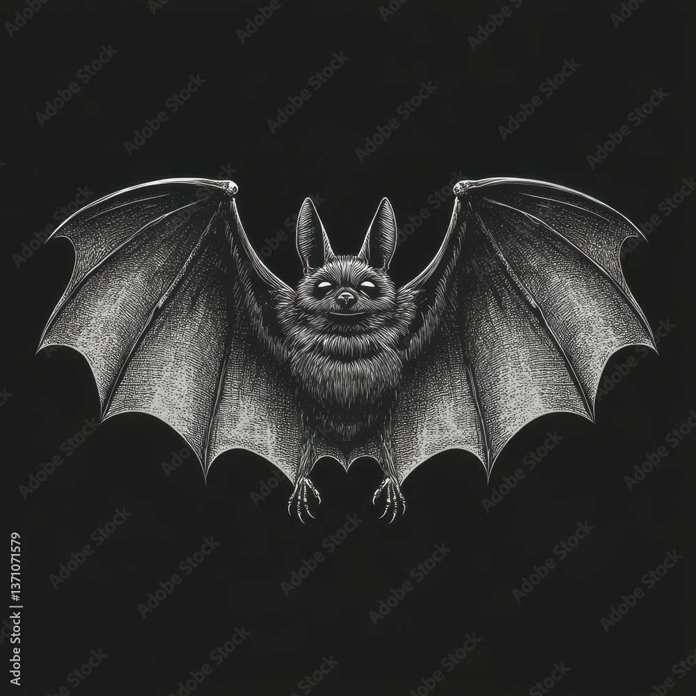 Obraz premium Bat with outstretched wings perched on a black background showcasing detailed textures and features