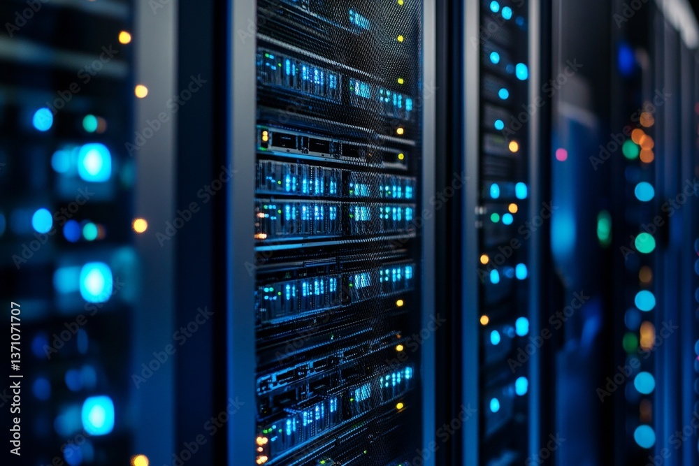 Close up of a black and blue server rack in a data center with intricate details and sharp focus Close up of a black and blue server rack in a data center with intricate details and sharp focus