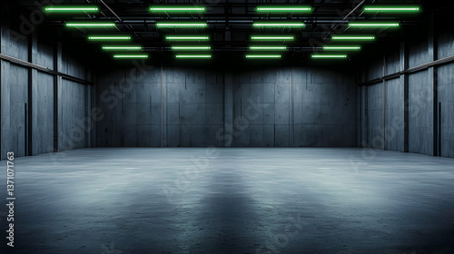 Empty Industrial Concrete Garage Interior With Green Neon Lights