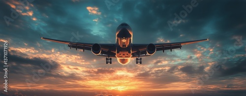 Airplane Flying During Sunset With Dramatic Clouds in the Sky