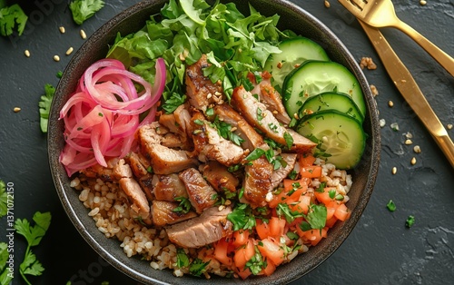 Healthy Grilled Chicken Bowl With Colorful Vegetables and Grains Served in a ...