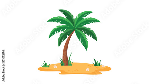 Tropical Oasis: A solitary palm tree stands proudly amidst a sandy landscape, its lush green fronds reaching towards the sky, evoking feelings of paradise and relaxation. 