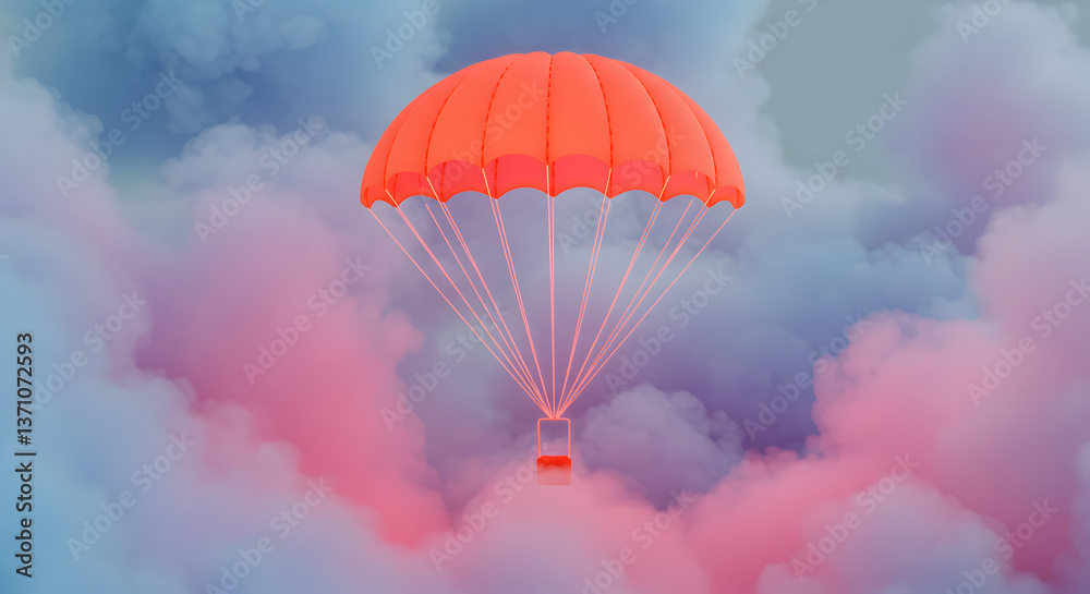 Fototapeta premium Vivid Parachute Gliding Through Dreamlike Pastel Clouds, Surreal Art