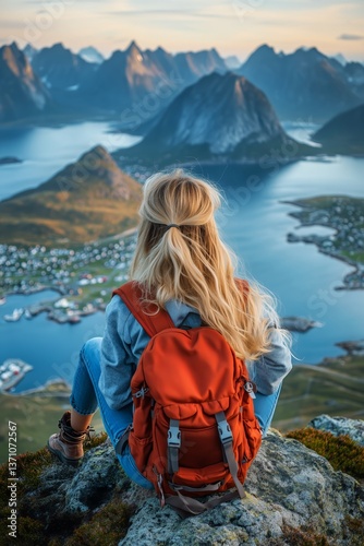 Mountain View and Serene Lake in Norway With a Female Hiker Enjoying Nature a...