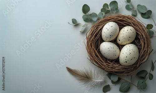 Nest With Speckled Eggs Surrounded by Greenery on a Light Background in Soft ...