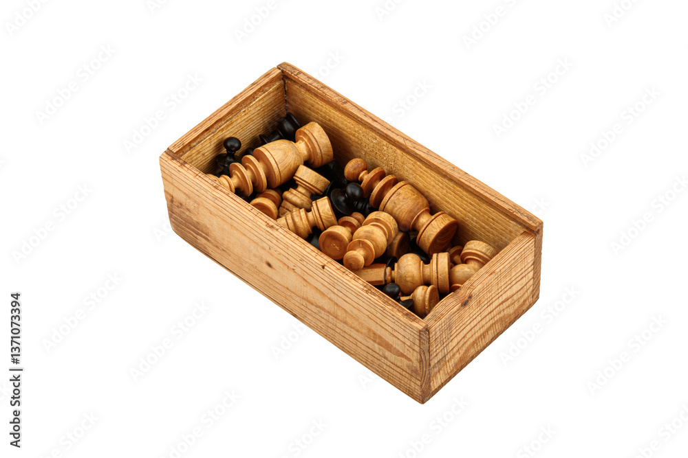 An old rectangular wooden box with chess pieces. Transparent background. An old rectangular wooden box with chess pieces. Transparent background.