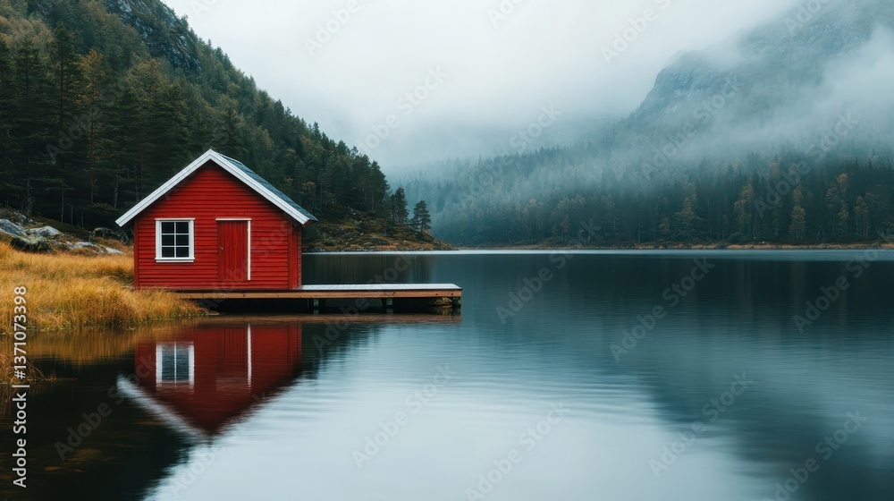 Fototapeta premium A striking red house on the water's edge is enveloped by misty mountains, embodying a serene and ethereal atmosphere in harmonious nature.