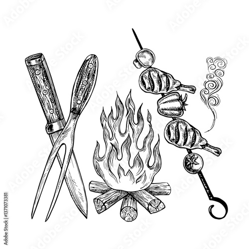 Drumsticks with vegetables on a skewer, a bonfire and a knife and fork. Vector graphics depicting a barbecue. A black-and-white hand-drawn illustration. On a white background.
