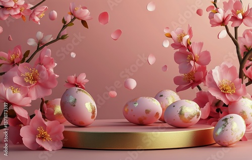 Colorful Easter Eggs With Blossoms Arranged on a Display Backdrop