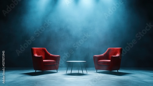 An artistic display of red chairs is highlighted under bright, dramatic lights, creating a unique visual composition that emphasizes elegance and invites interaction in any venue.