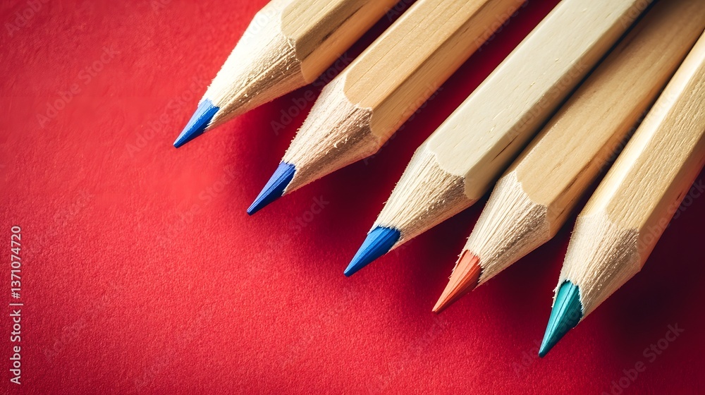 Closeup Colored Pencils on Red Background Art Closeup Colored Pencils on Red Background Art