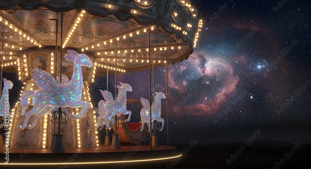 Obraz premium Magical Carousel with Holographic Pegasus Against the Cosmic Nebula Backdrop
