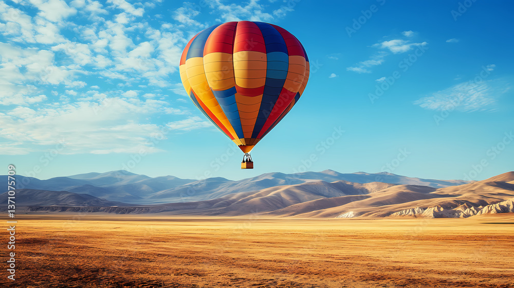 Naklejka premium Colorful hot air balloon in desert field, clear sky. travel photo. Crystalline Air. Illustration
