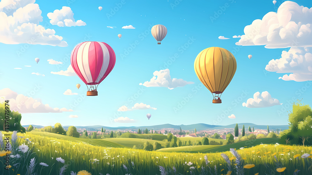 Naklejka premium Hot air balloons floating over a summer landscape, with green fields and clear skies. Crystalline Air. Illustration