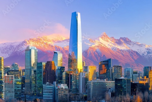 Stunning sunset over Santiago's skyline, captured from above, with the Andes Mountains towering in the distance - Santiago, Chile