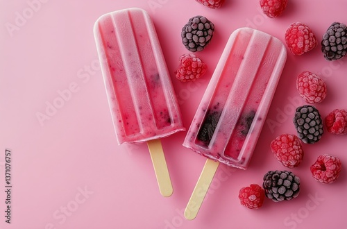 Delicious Berry Popsicles on a Pink Background With Fresh Raspberries and Bla...