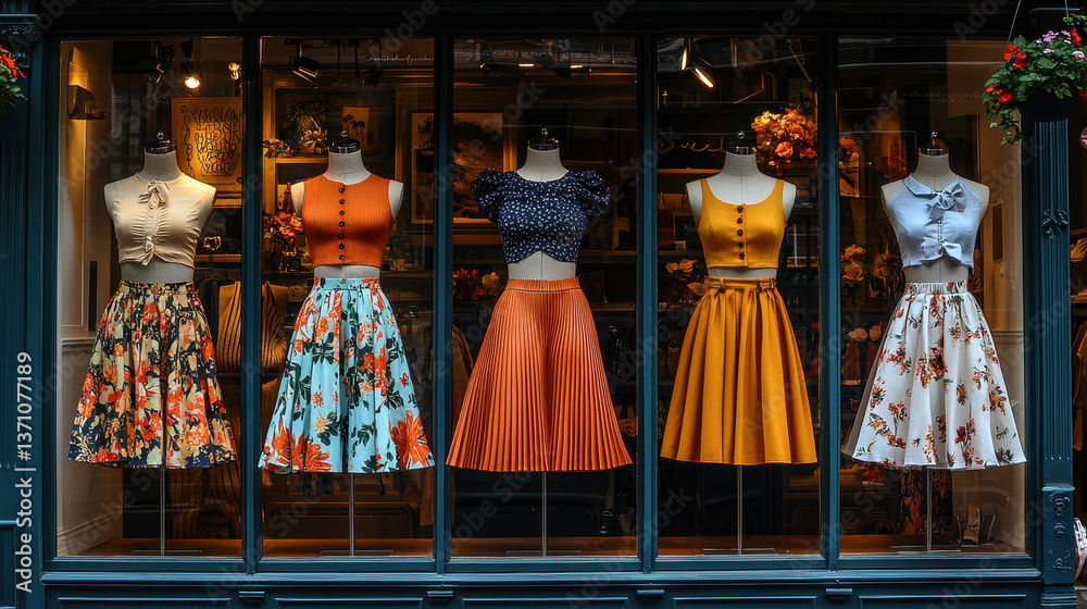 Naklejka premium Vibrant display of skirts in boutique window showcases styles for various occasions