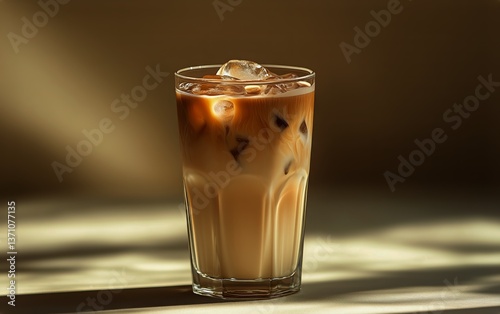 Delicious Iced Coffee in Glass With Ice Cubes and Creamy Topping on Neutral B...