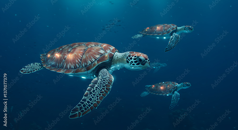 Fototapeta premium Futuristic oceanic exploration, robotic sea turtles navigating deep blue depths