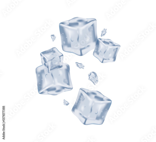 Ice cube 3D icons vector illustration. Many ice cubes in air. Transparent crystal clear ice cube. Full depth of field on a falling ice cube, isolated on a white background
