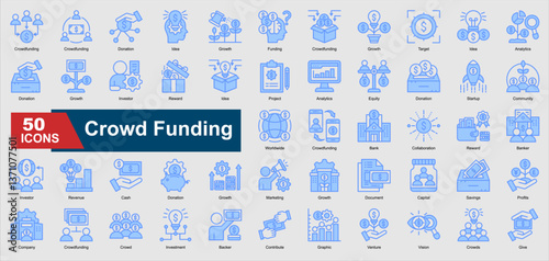 Crowd Funding Icon Collection Set. Donation, Funding, Investor, Revenue, Capital, Savings, cash icon. Blue Style Vector Ilustration