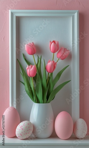 Vibrant Pink Tulips in a White Vase With Pastel Eggs for Spring Decoration