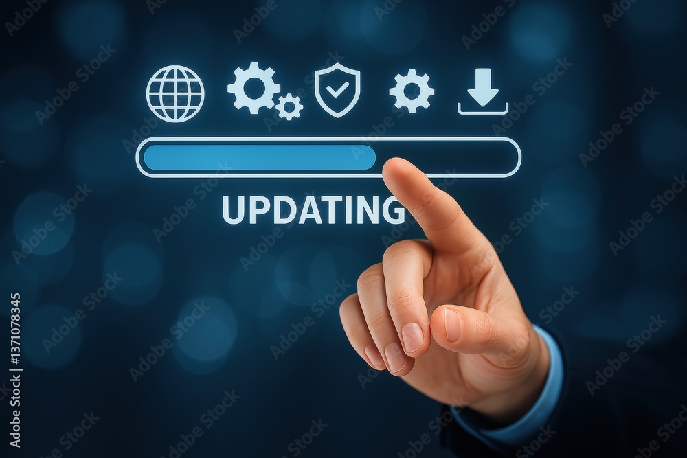 The Updating Progress: A human finger gently touches a virtual updating bar, signifying digital advancement and seamless progress, highlighting the evolution of technology and connectivity. The Updating Progress: A human finger gently touches a virtual updating bar, signifying digital advancement and seamless progress, highlighting the evolution of technology and connectivity.