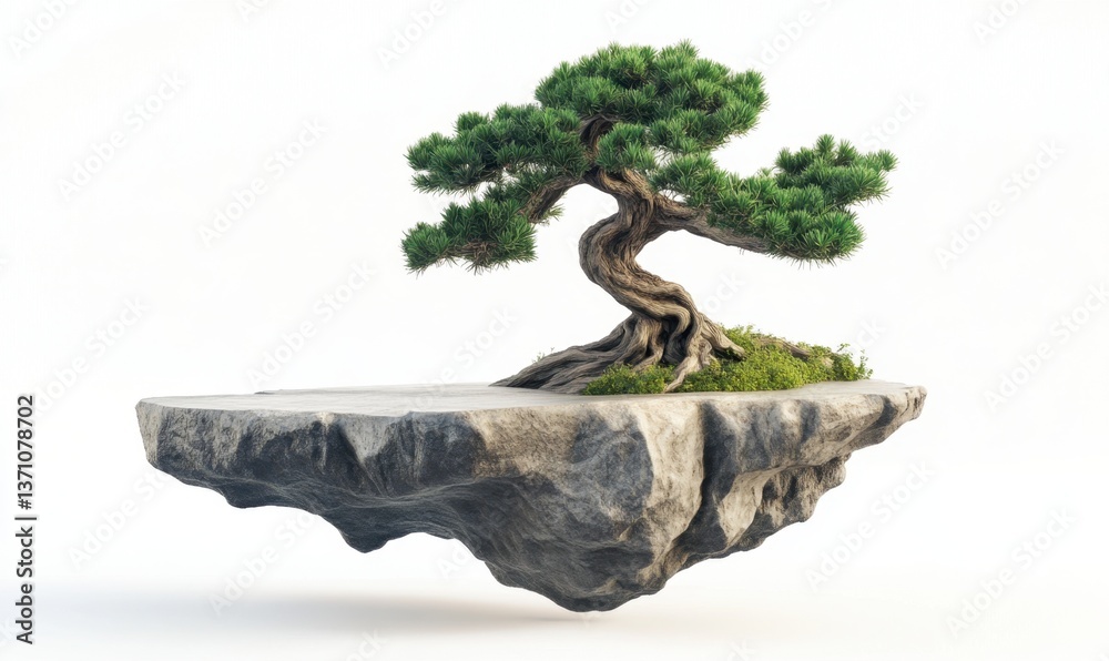 Fototapeta premium Bonsai tree on floating rock island, serene nature, minimalist design