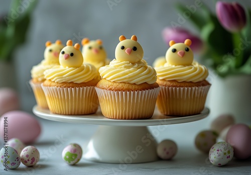 Cute Yellow Chick Cupcakes on a Stand With Colorful Eggs and Flowers in a Spr...