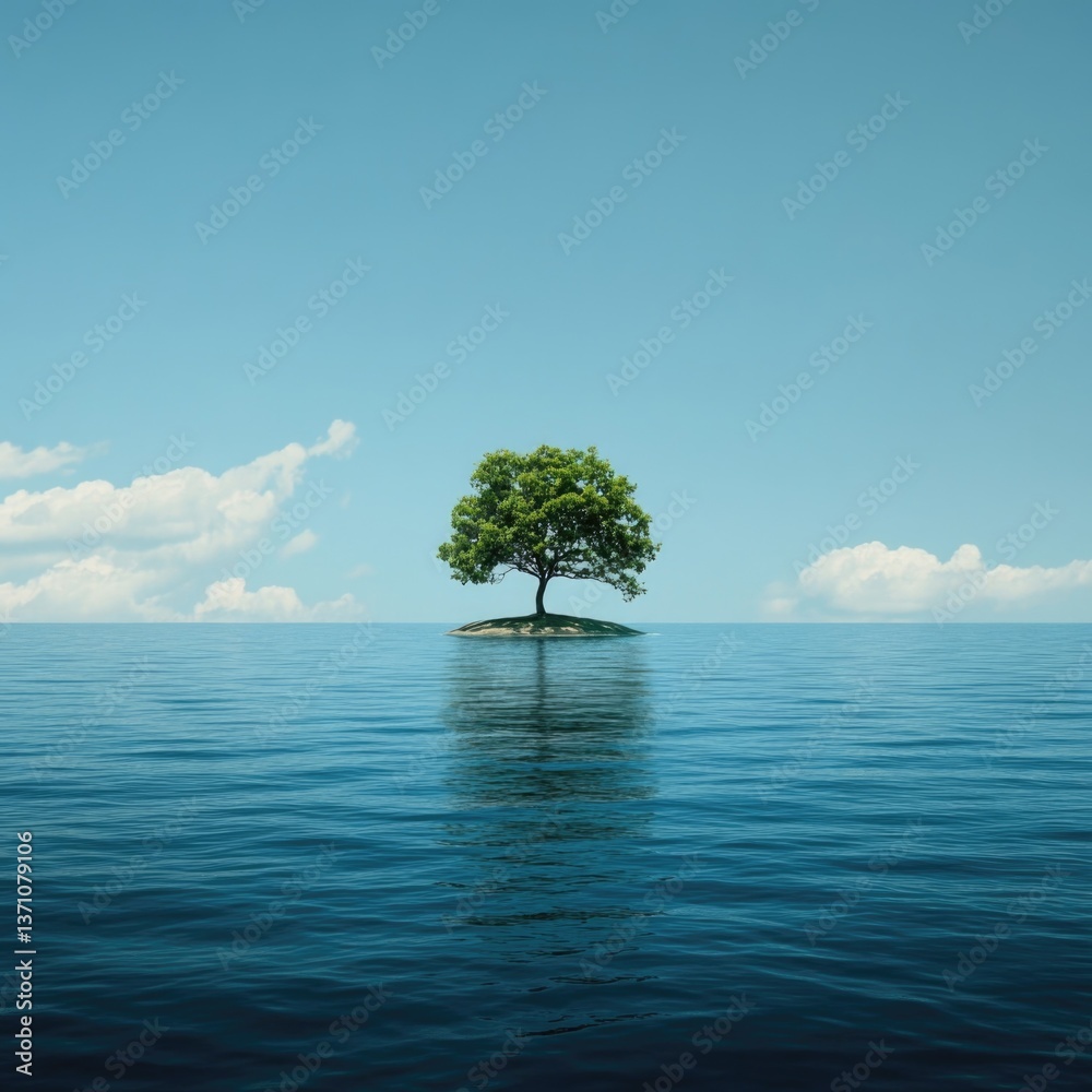 A single tree stands alone on a small island in the ocean, surrounded by water A single tree stands alone on a small island in the ocean, surrounded by water
