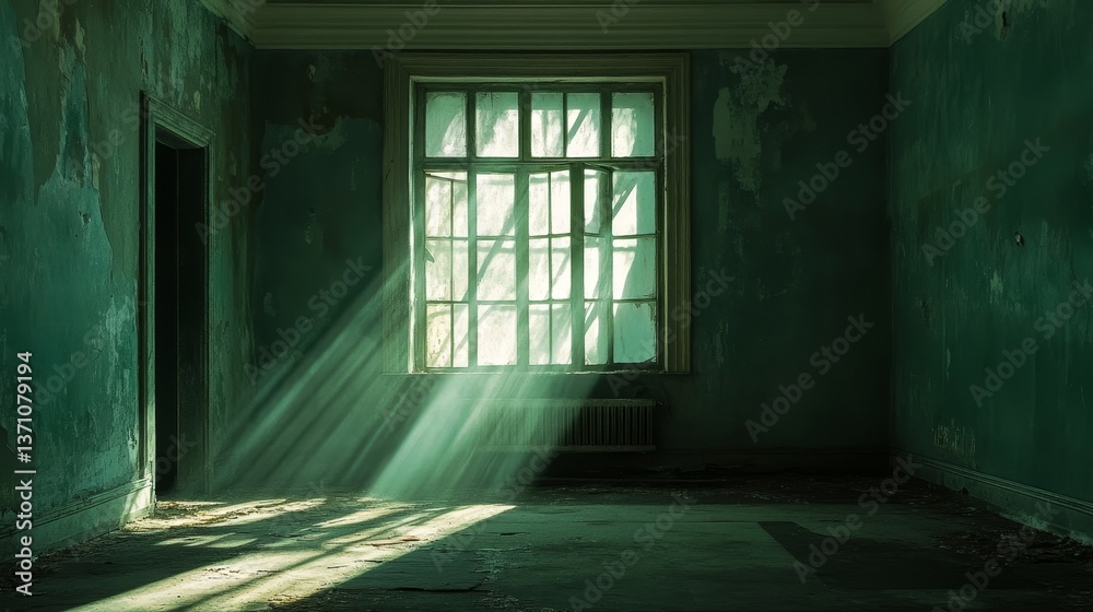 Sunbeams stream into an abandoned decaying room. Sunbeams stream into an abandoned decaying room.