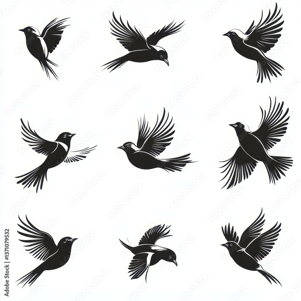 Various bird silhouettes in flight showcasing different wing positions and designs Various bird silhouettes in flight showcasing different wing positions and designs