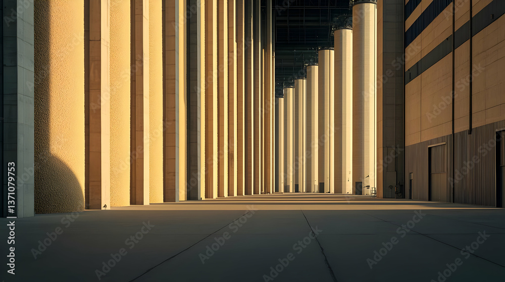Fototapeta premium Sunlit Empty Industrial Corridor With Columns