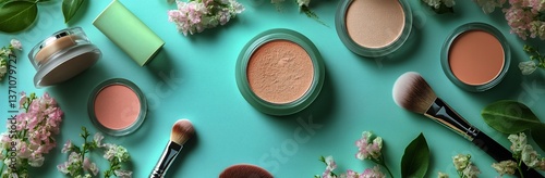 Discover Makeup Essentials Arranged Beautifully With Flowers on a Vibrant Tea...
