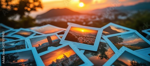 Colorful Collection of Memory Cards at Sunset Overlooking a City Skyline