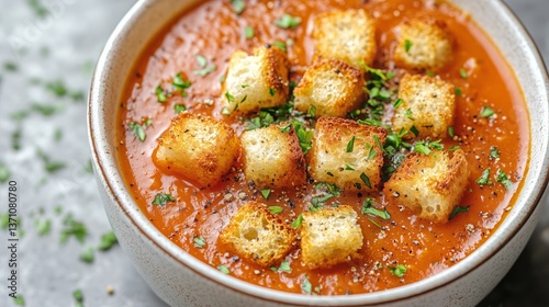 Tomato Soup With Croutons, Fresh Basil, and Whole Tomatoes on a Textured Surface