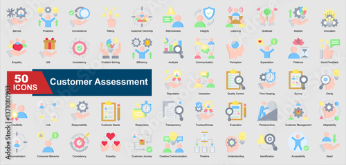 Customer Assessment Icon Collection Set. Service, Proactive , Convenience, Rating, Credibility, Responsibility, Customer Needs cash icon. Flat Style Vector Ilustration