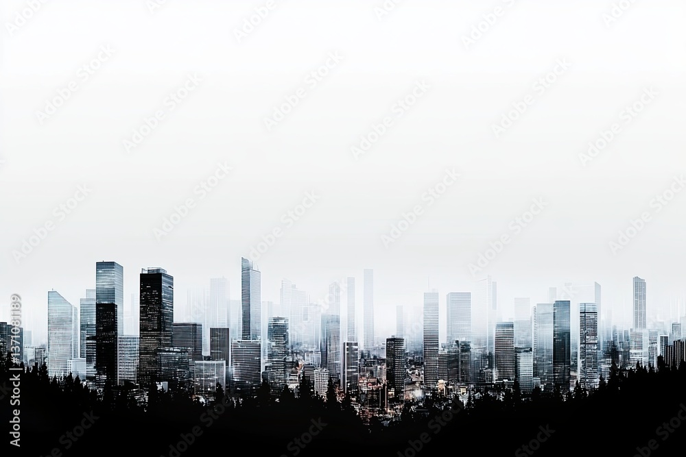 Naklejka premium Urban landscape depicted in a monochrome city skyline, showcasing contrast, on a white or clear surface with a transparent background
