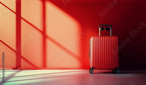 Bright Red Luggage Stands Against a Minimalist Red Background in a Travel-The...