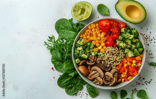 Colorful Salad Bowl Filled With Fresh Vegetables and Quinoa on a Light Surface