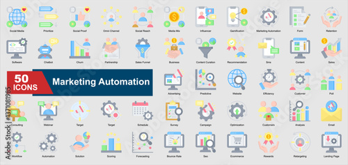 Marketing Automation flat icons featuring automation, CRM, email marketing, customer retention, analytics, chatbot, and more. Perfect for illustration and design.