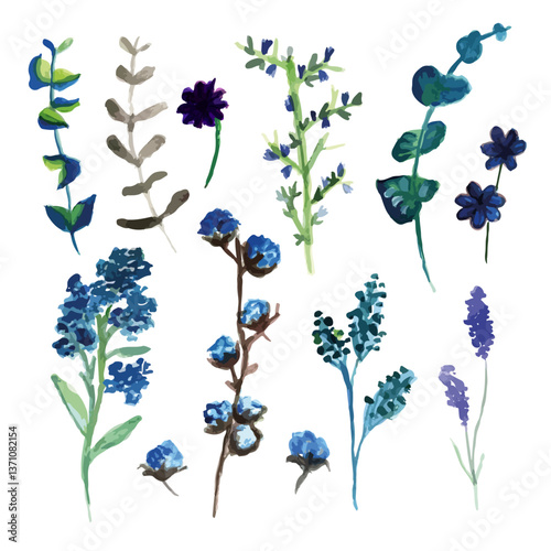 Watercolor Blue Wildflowers Botanical Set Isolated on White