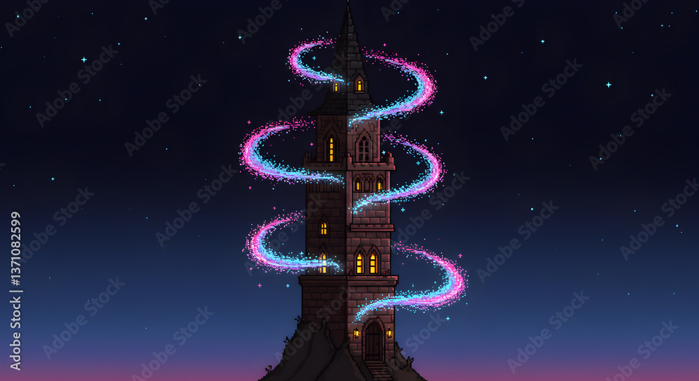 Obraz premium Pixel art wizard's tower illuminated by ethereal swirls against the twilight sky