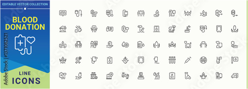 Blood Donation icon. It contains symbols to donation, volunteer, blood, medical, care, heart and more. Set of line pictogram. Health icon collection. Vector illustration. Pixel perfect.