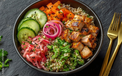 Healthy Grilled Chicken Bowl With Colorful Vegetables and Grains Served in a ...